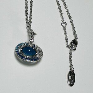 New Silver Vivienne Westwood Glacier Blue Saturn Orb Choker chain Necklace